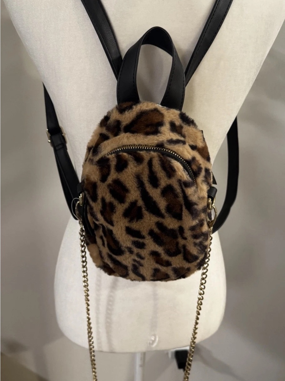 Mini Leopard Backpack Y2k Gold tone Chain with Black Adjustable Strap or C Body